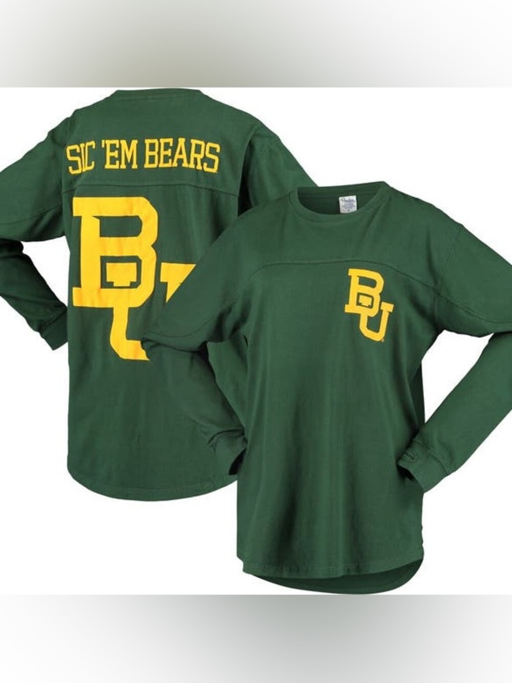 Pressbox Green Long Sleeve Tee with Yellow "SIC 'EM BEARS" and BU Logo